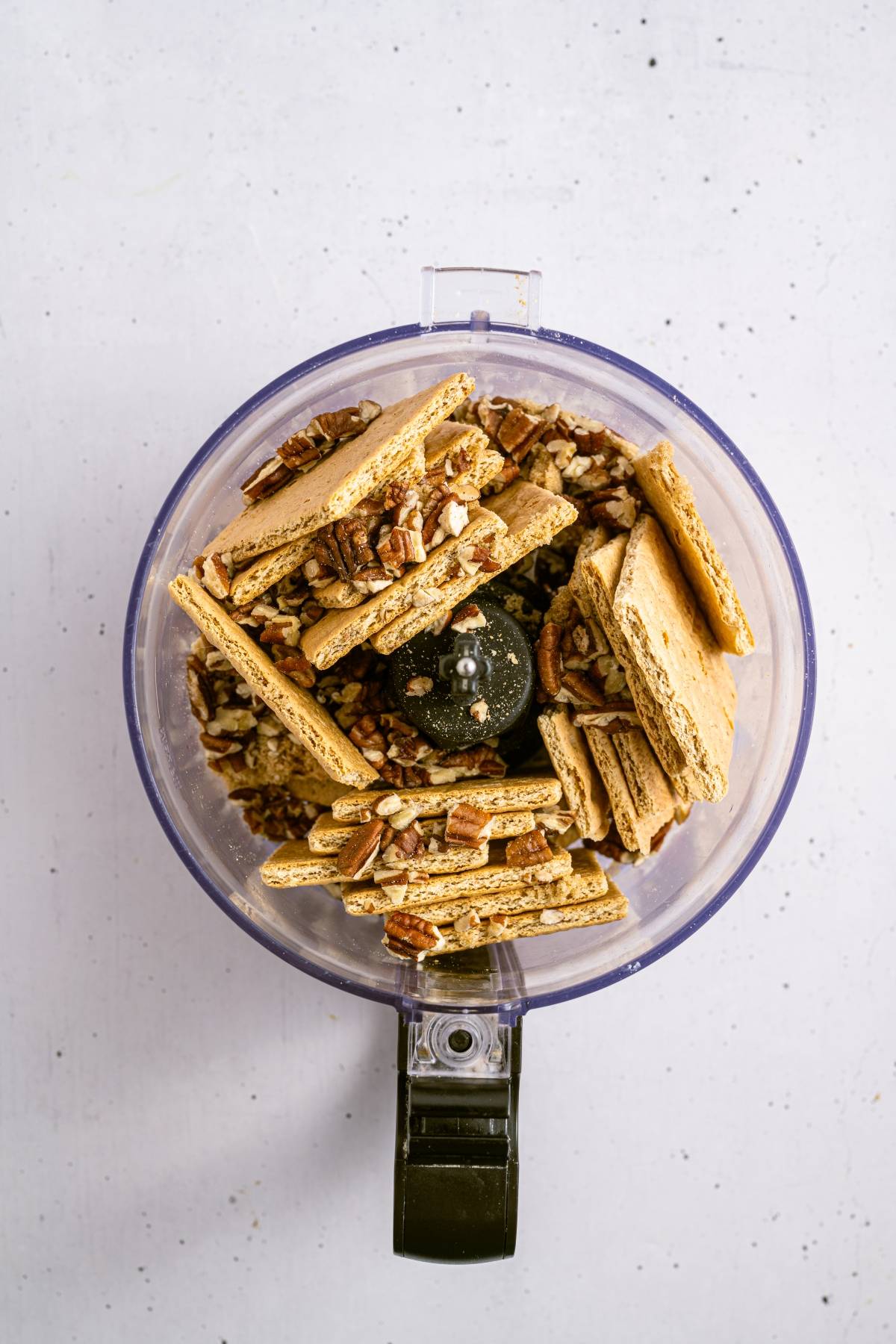 Graham crackers and pecans in a food processor, ready to be blended.