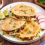 Three beef quesadillas on a plate with lime wedges, sliced radishes, and garnished with fresh cilantro—these carne asada mulitas are packed with flavor and perfect for sharing.