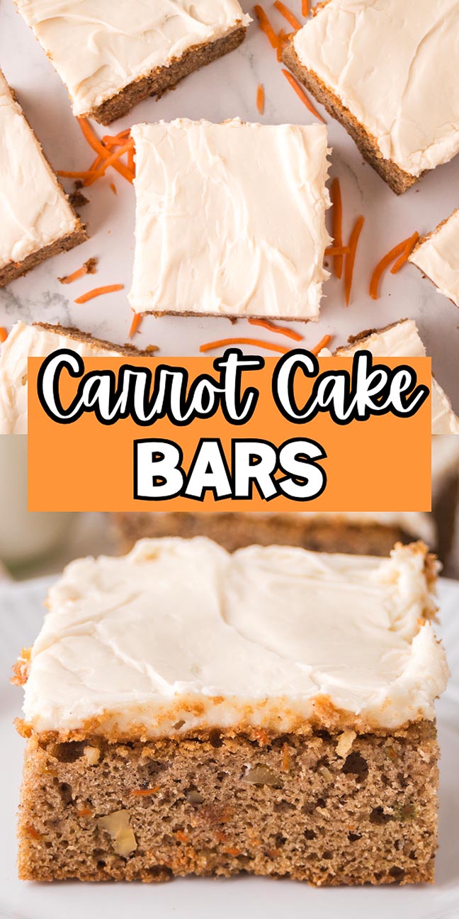 Frosted carrot cake bars with cream cheese icing, displayed on a plate and garnished with shredded carrots.