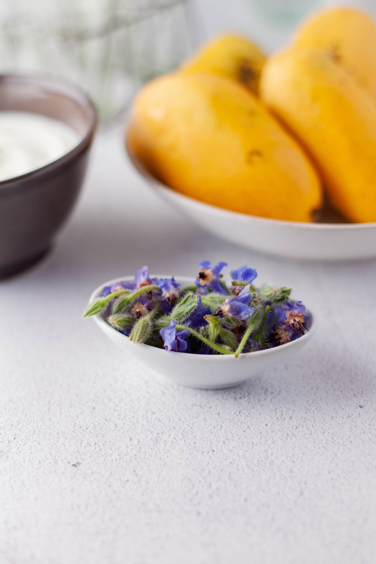 Small white bowl with purple edible flowers, featuring a healthy Mango Yogurt Dessert, with bowls of mangoes and Greek yogurt fruit pudding dessert in the background.