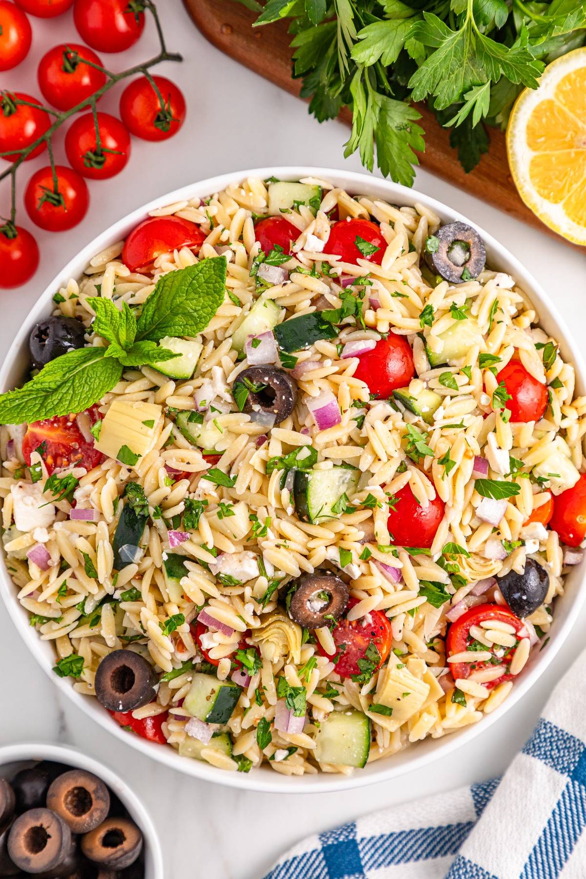 Bowl of orzo pasta salad with tomatoes, cucumbers, olives, onions, and herbs, garnished with a mint leaf.