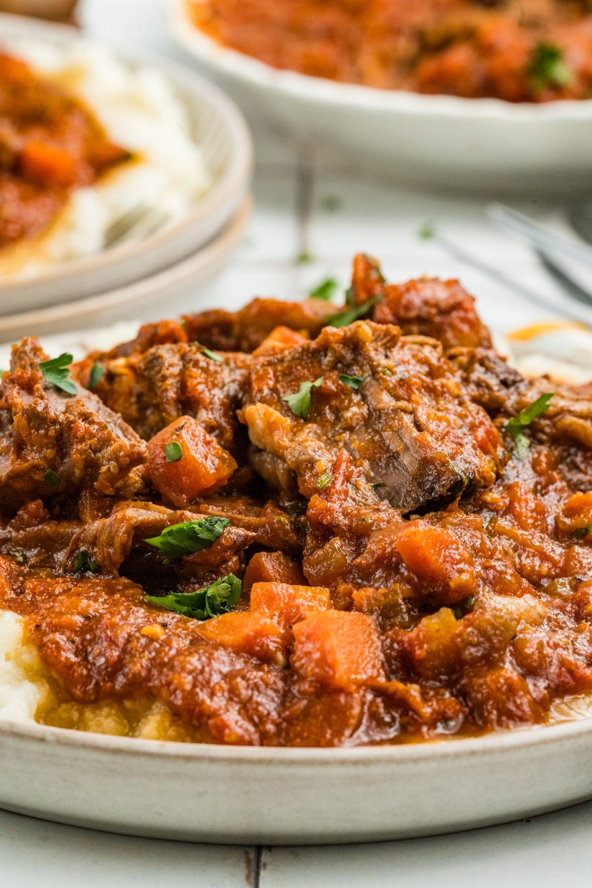 A plate of braised beef stew with carrots and tomato sauce served over mashed potatoes.