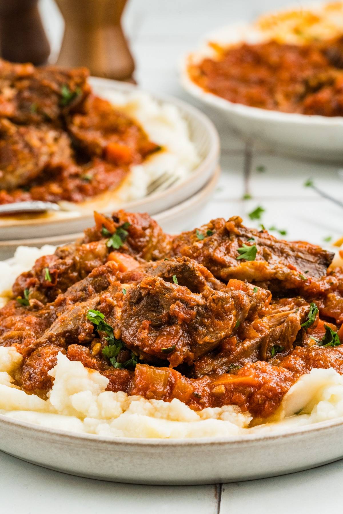 Beef stew with tomato sauce served over mashed potatoes on a white plate.