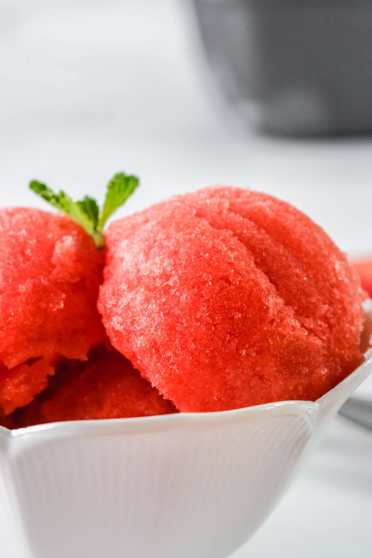 Refreshing Strawberry Sorbet: Bright red watermelon sorbet scoops in a white bowl, garnished with a small mint sprig—a cool summer dessert idea.