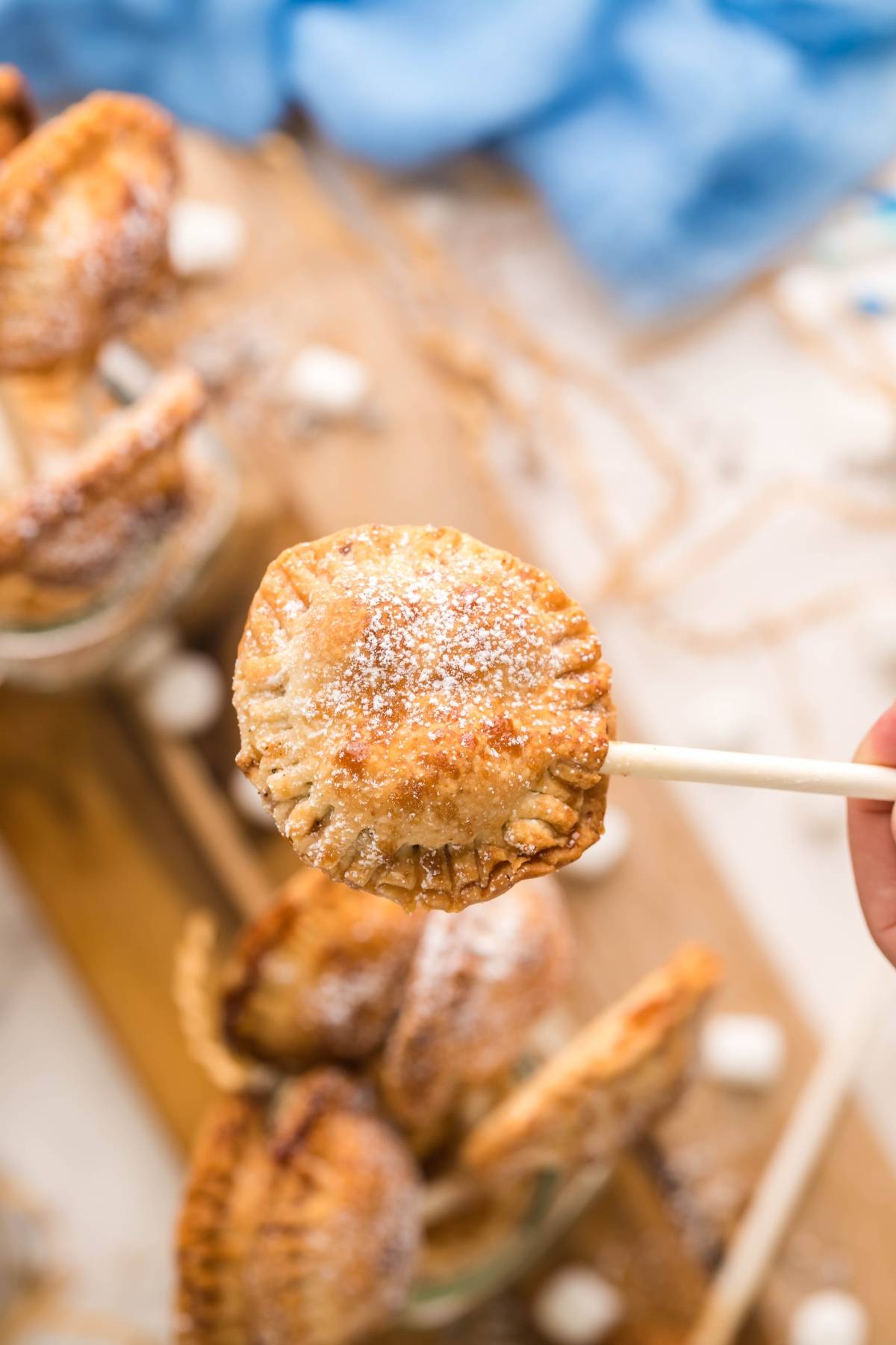A hand holds a small, round pastry on a stick, dusted with powdered sugar, above a table of easy s’more treats and similar delights.