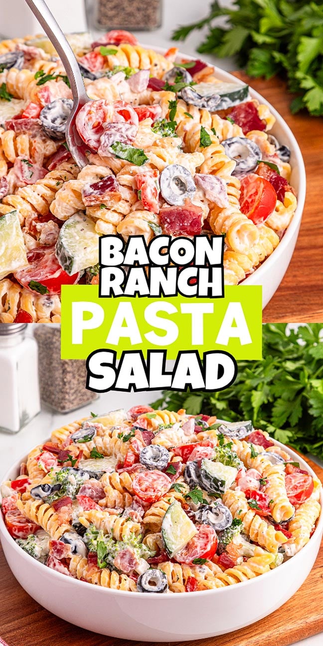 A bowl of bacon ranch pasta salad with rotini, tomatoes, olives, and creamy dressing, garnished with herbs for a flavorful twist.