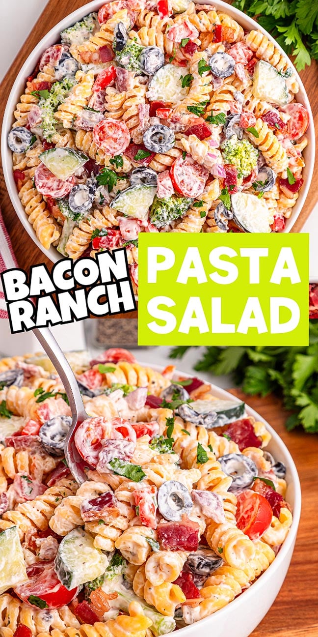 Bowl of creamy bacon ranch pasta salad with rotini, tomatoes, black olives, cucumbers, and fresh herbs for a flavorful bite.