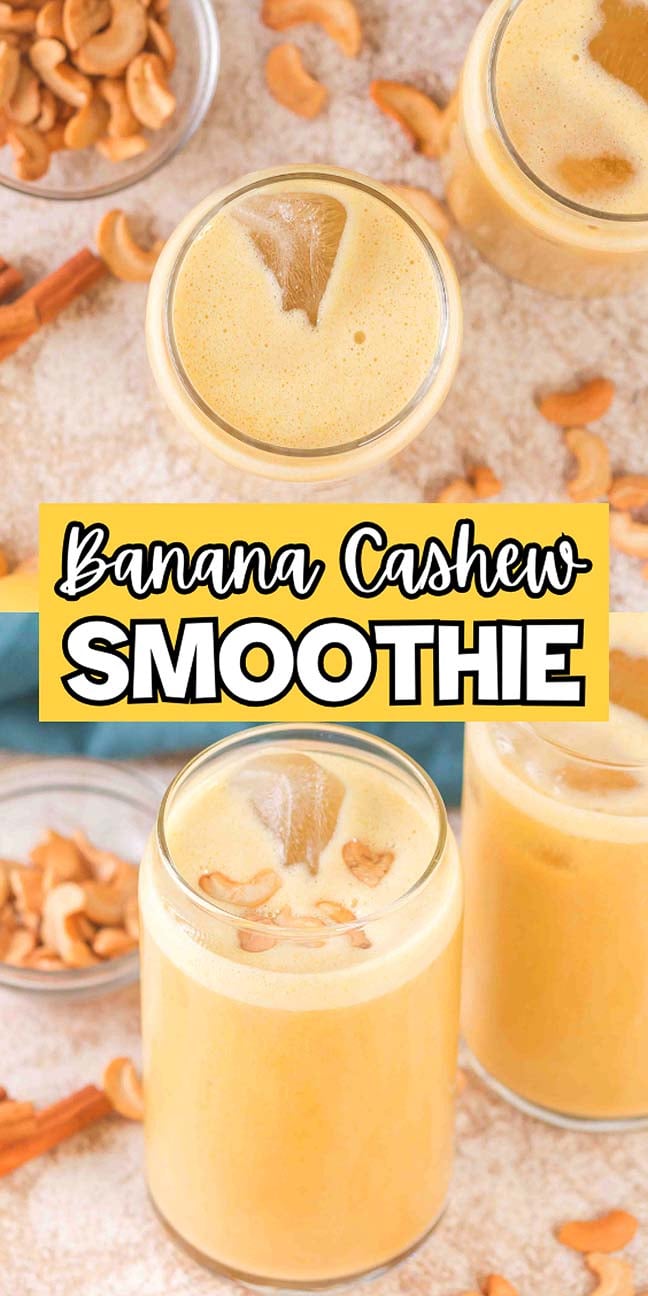 Top-down view of Banana Cashew Smoothie in glasses, surrounded by cashew nuts and cinnamon sticks.