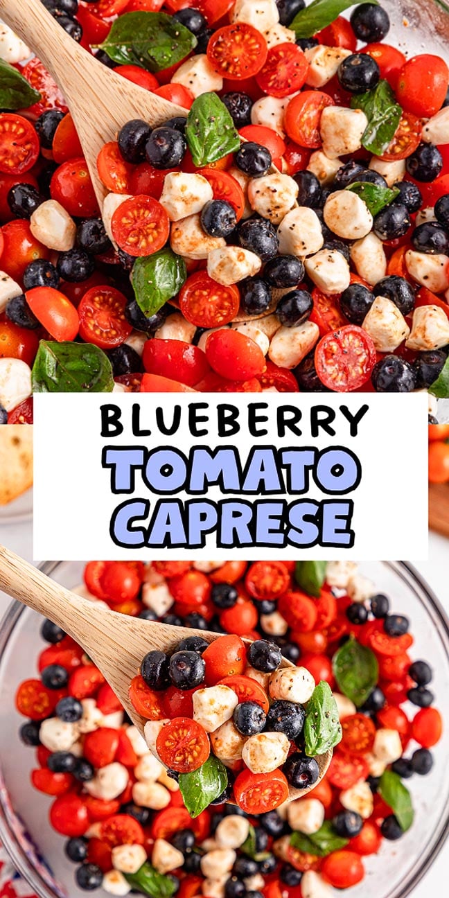 Bowl of blueberry tomato Caprese salad with mozzarella, cherry tomatoes, blueberries, and fresh basil.