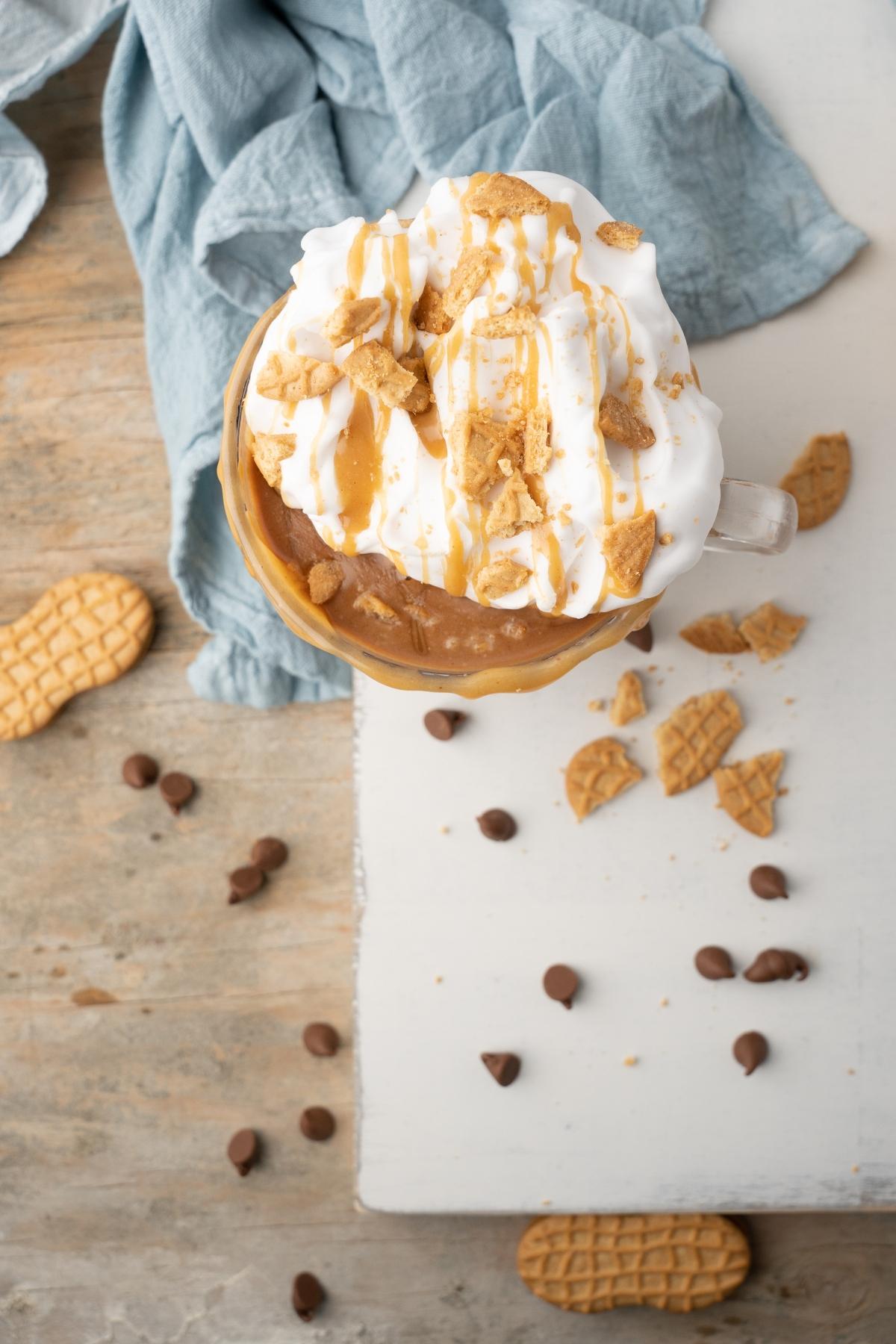 A mug of whipped cream-topped Boozy Salted Peanut Butter Hot Chocolate, with peanut butter cookies and chocolate chips scattered around.