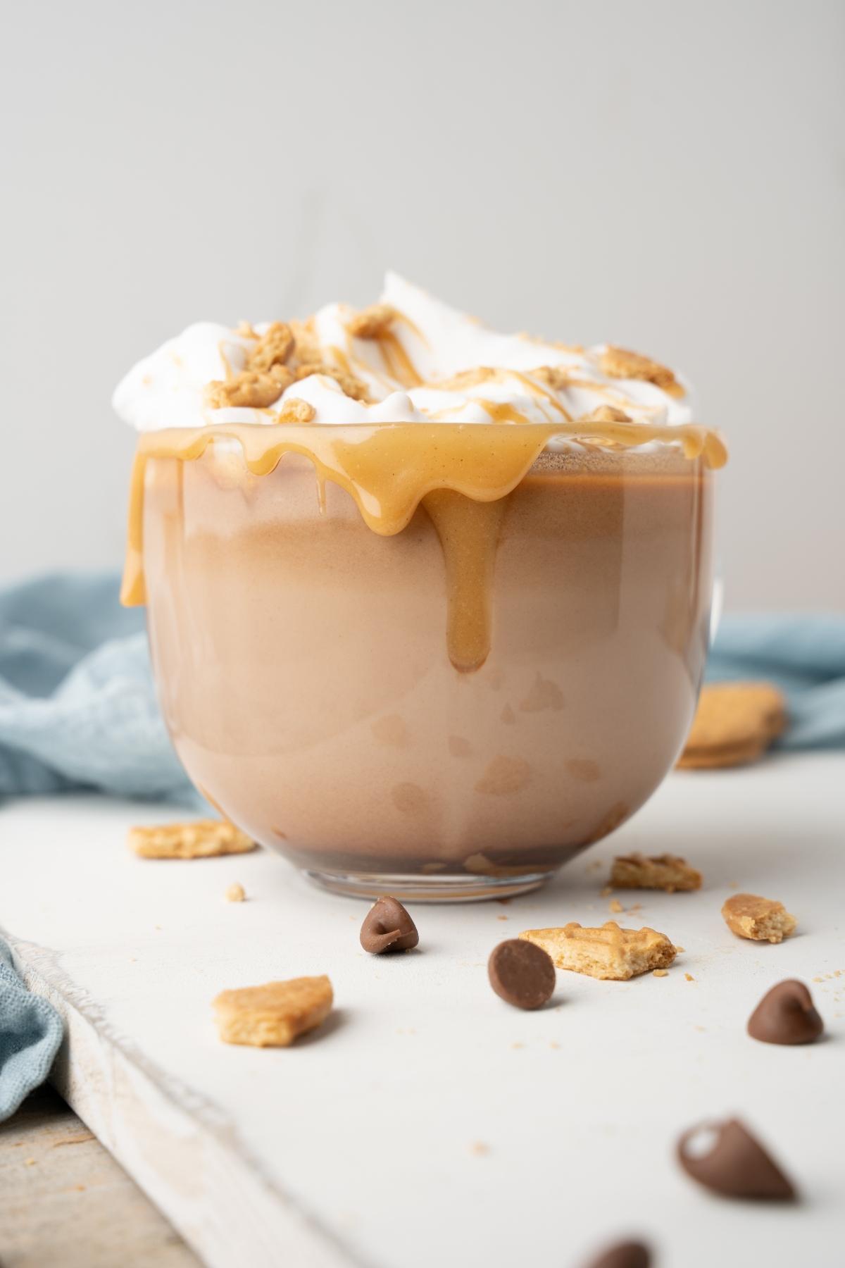 A glass mug of Boozy Salted Peanut Butter Hot Chocolate topped with whipped cream, caramel drizzle, and cookie crumbs.