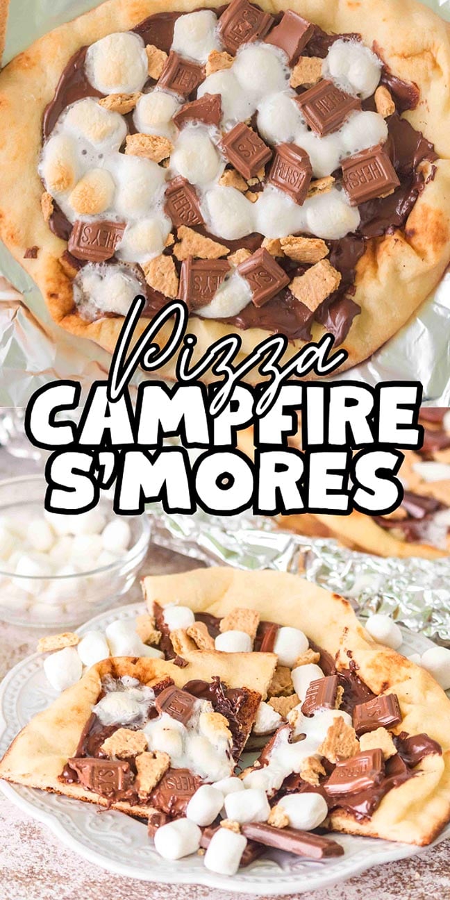 A campfire s’mores pizza topped with chocolate, marshmallows, and graham crackers for a delicious twist on the classic treat.