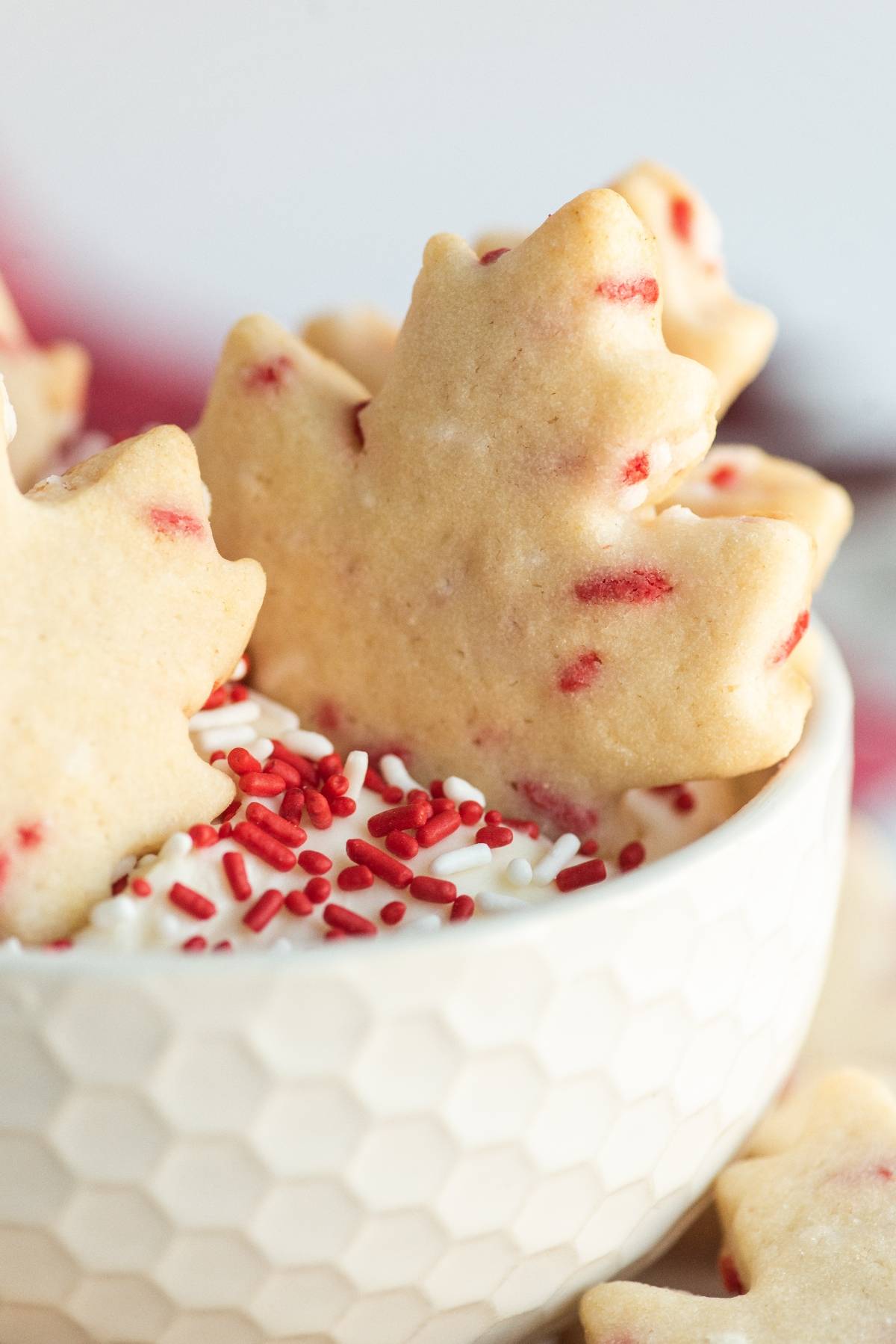 Leaf-shaped red and white Canada Day cookies with red sprinkles rest on the edge of a textured white bowl filled with more sprinkles—perfect cookies to celebrate Canada Day.