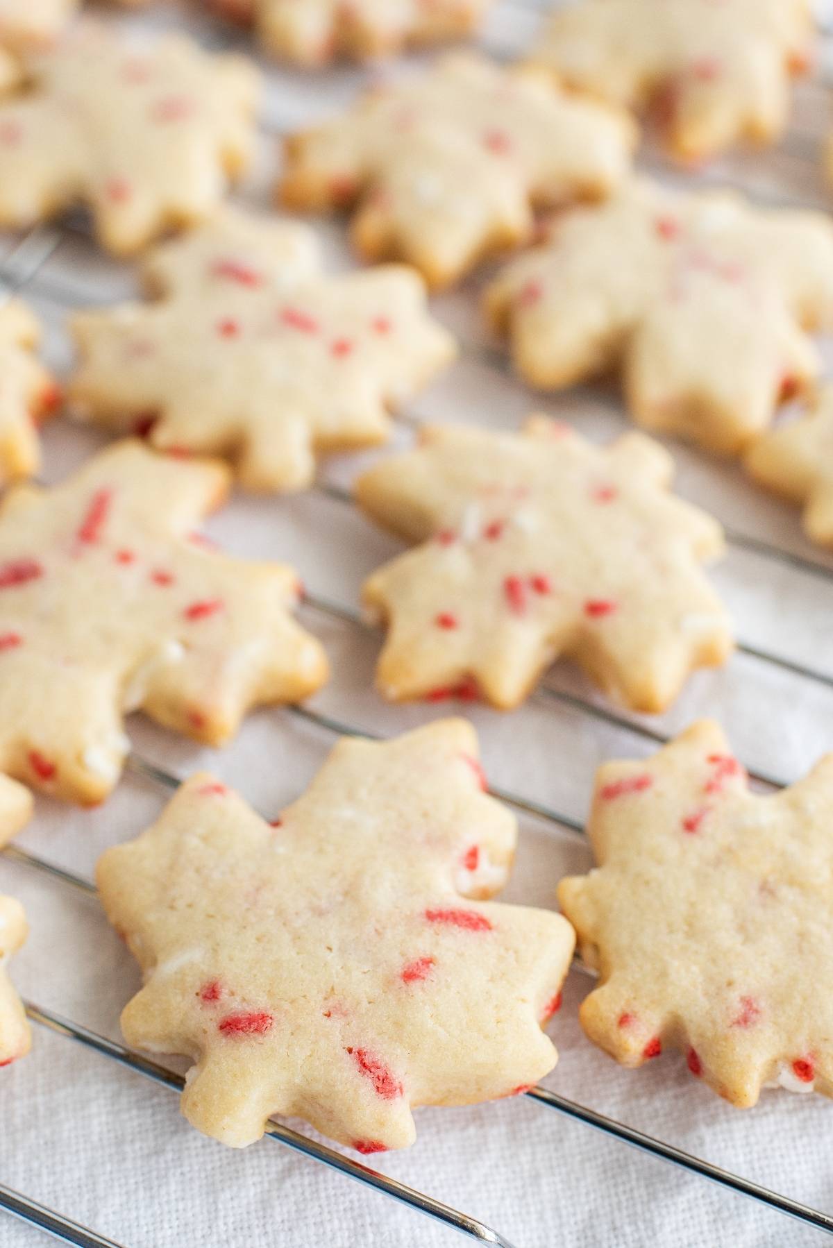 Maple leaf-shaped cookies with red specks cooling on a wire rack—perfect red and white Canada Day cookies to celebrate Canada Day in style.