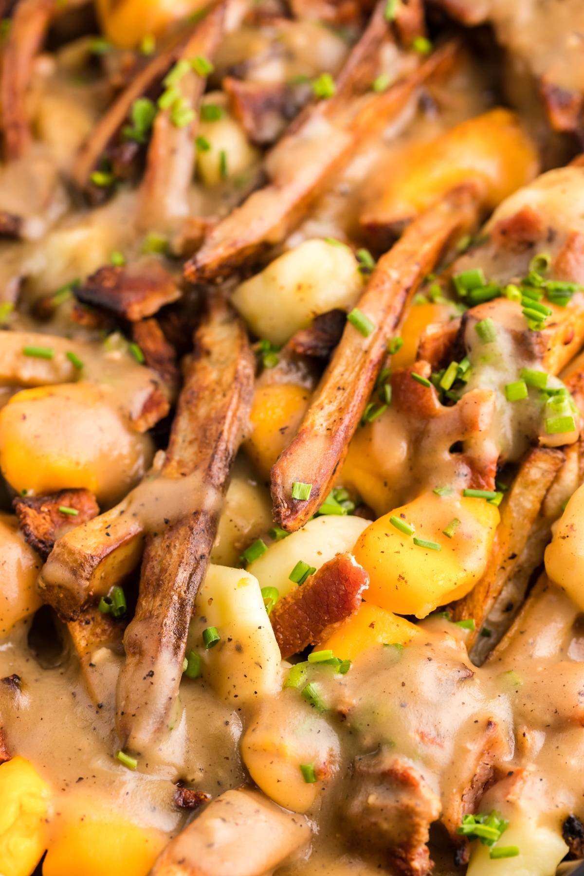 Close-up of Smothered Fries with Cheese Curds, rich gravy, and chopped chives—perfect for anyone wanting to master how to make poutine at home.