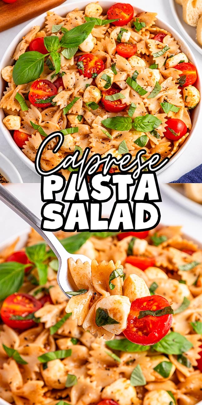 Caprese pasta salad shines with bowtie pasta, cherry tomatoes, mozzarella, basil, and balsamic, served fresh in a white bowl and ready to enjoy on a fork.
