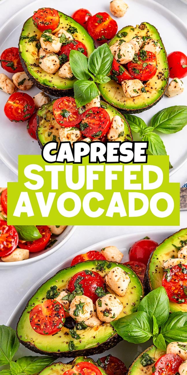 Caprese stuffed avocado halves filled with tomatoes, mozzarella, basil, and herbs, artfully arranged on white plates.