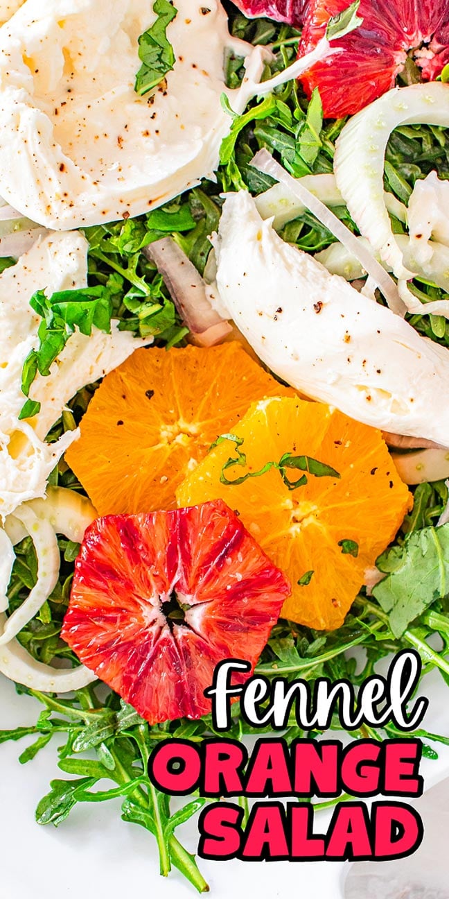 Fresh fennel, orange, blood orange, arugula, and mozzarella salad with black pepper—our vibrant fennel orange salad is a delicious burst of flavors.