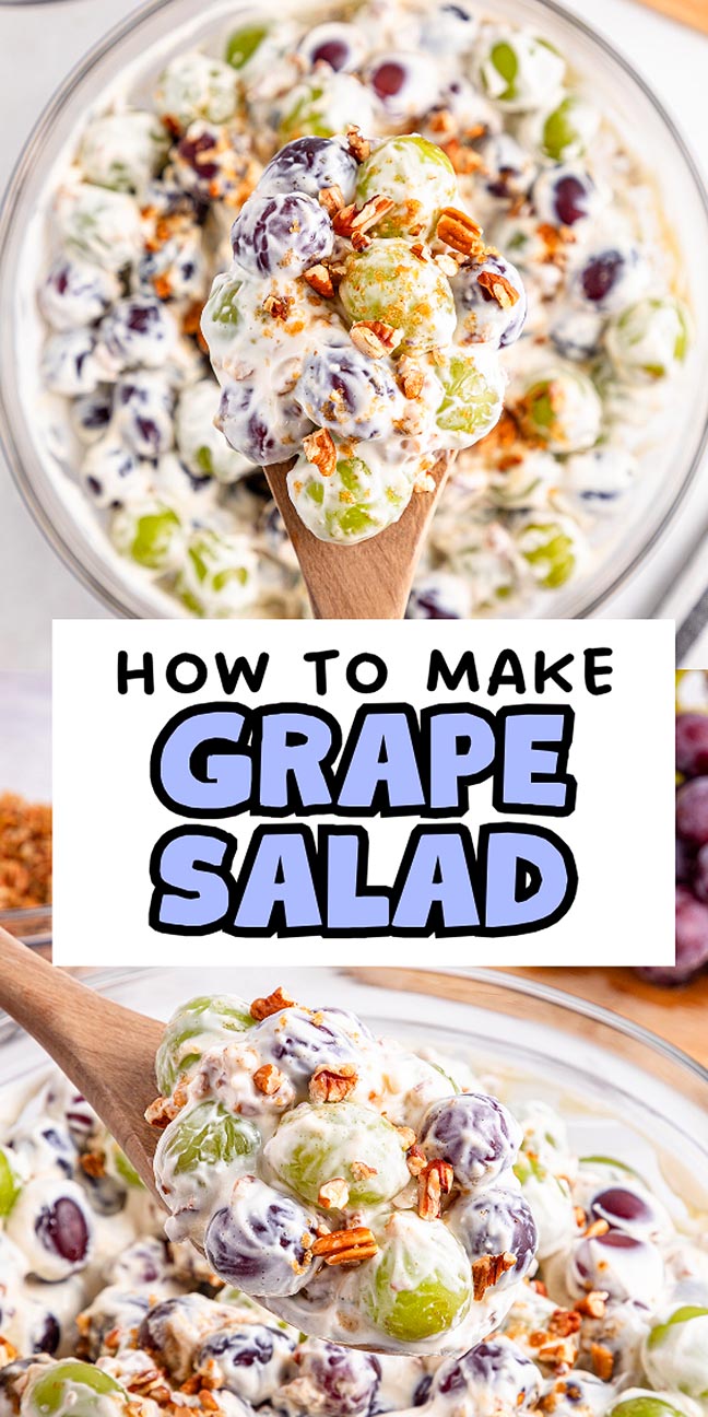 A wooden spoon scoops creamy grape salad with pecans from a bowl; text reads "How to Make Grape Salad Recipe.