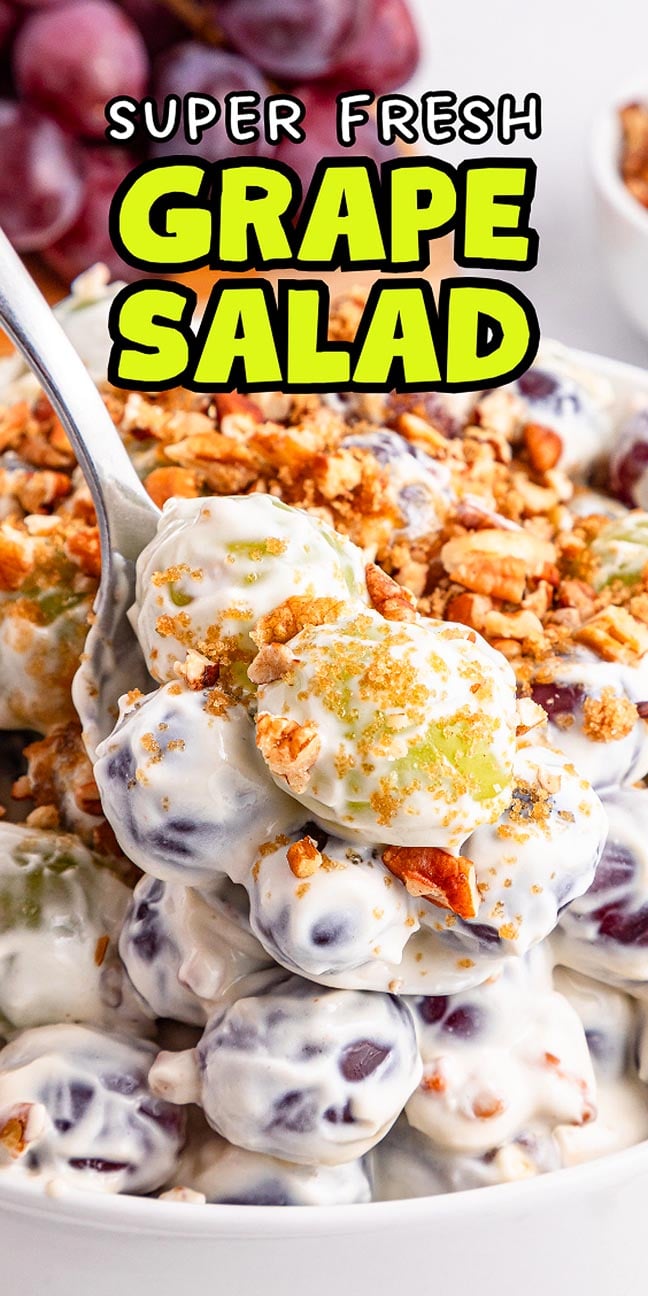 A spoonful of creamy grape salad topped with crushed nuts, with "Super Fresh Grape Salad" text above highlights this irresistible grape salad dessert.