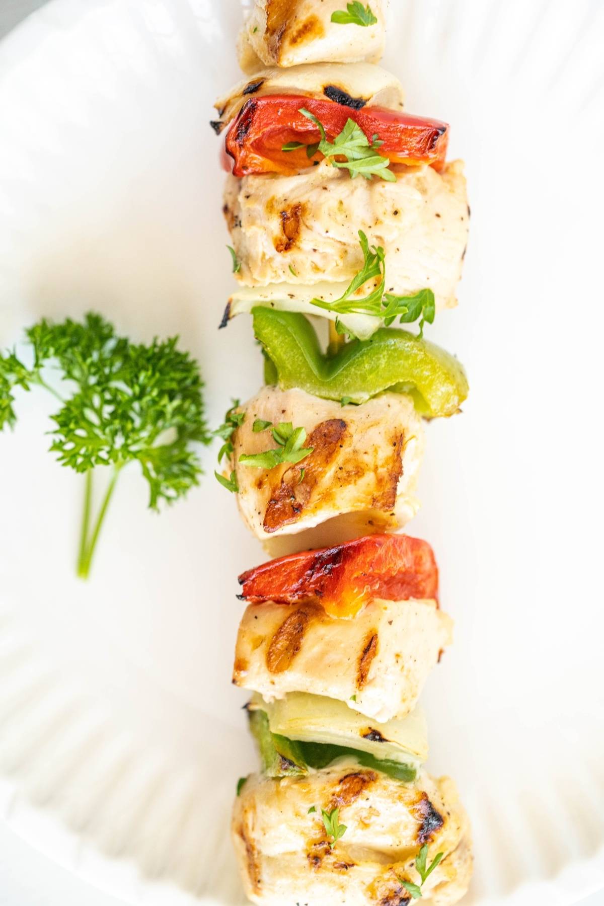 Grilled tasty chicken skewers and vegetables garnished with parsley on a white plate—perfect for your next summer BBQ dinner.
