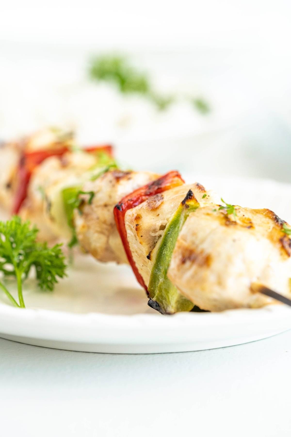 Grilled pepper and chicken kebabs with red and green bell peppers on a white plate, garnished with parsley.