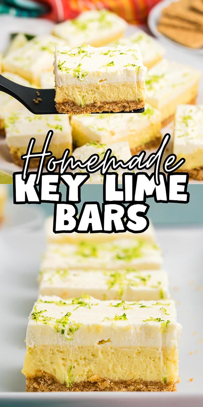 Close-up of creamy key lime bars with whipped topping and lime zest, sitting on a buttery graham cracker crust—these irresistible key lime bars are perfect for any dessert lover.