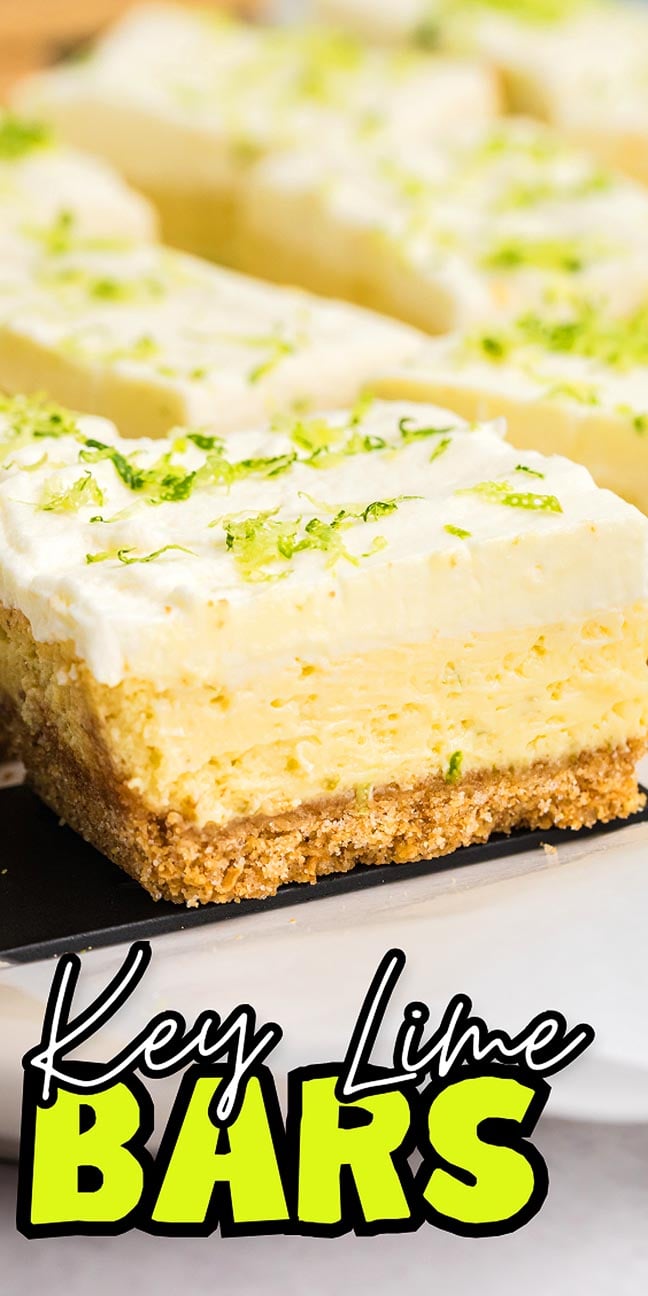 Close-up of luscious key lime bars, featuring a creamy filling and zesty lime topping on a golden graham cracker crust, with the text "Key Lime Bars.