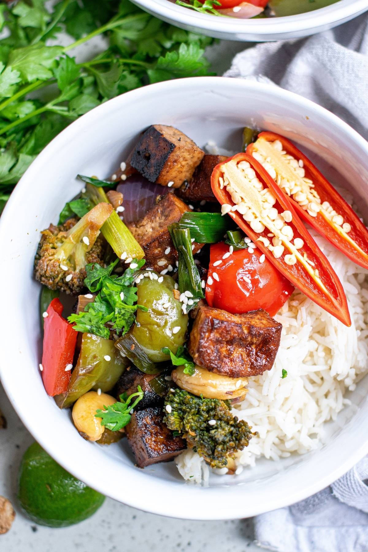 A bowl of rice topped with Kung Pao Tofu, stir-fried vegetables, sliced red chili, and sesame seeds—a flavorful Vegan dinner recipe.