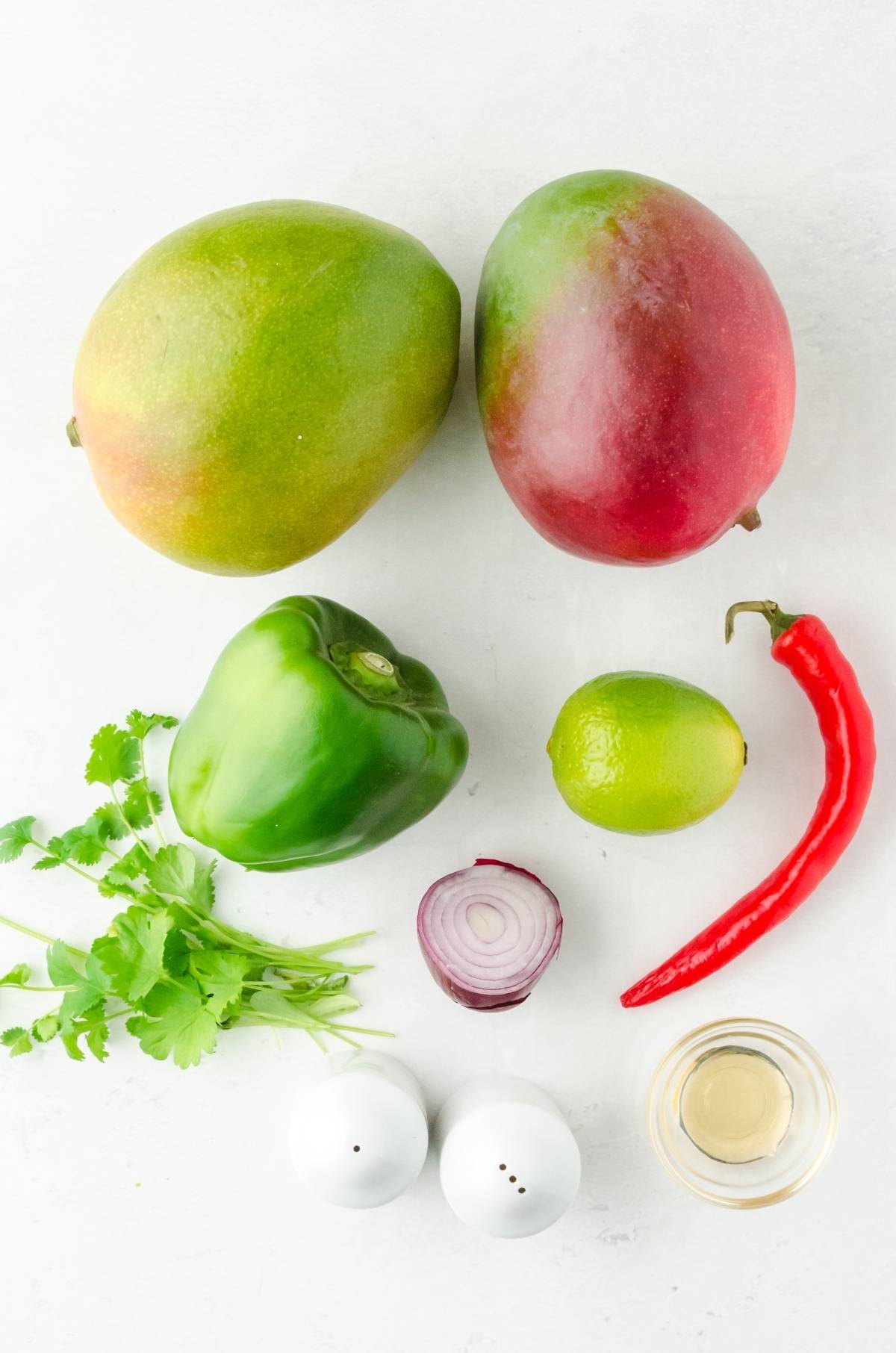 A vibrant summer salsa recipe with two mangoes, green bell pepper, lime, red chili, cilantro, red onion slice, vinegar, salt, and pepper—perfect for anyone craving a fresh mango salsa.