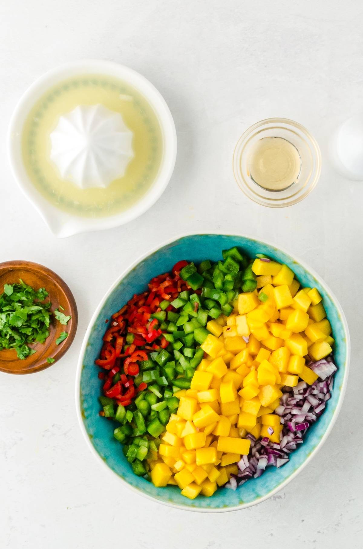 Blue bowl with chopped mango, red pepper, green pepper, and red onion, with lime juice and herbs nearby—a vibrant summer salsa recipe made with fresh mangoes.