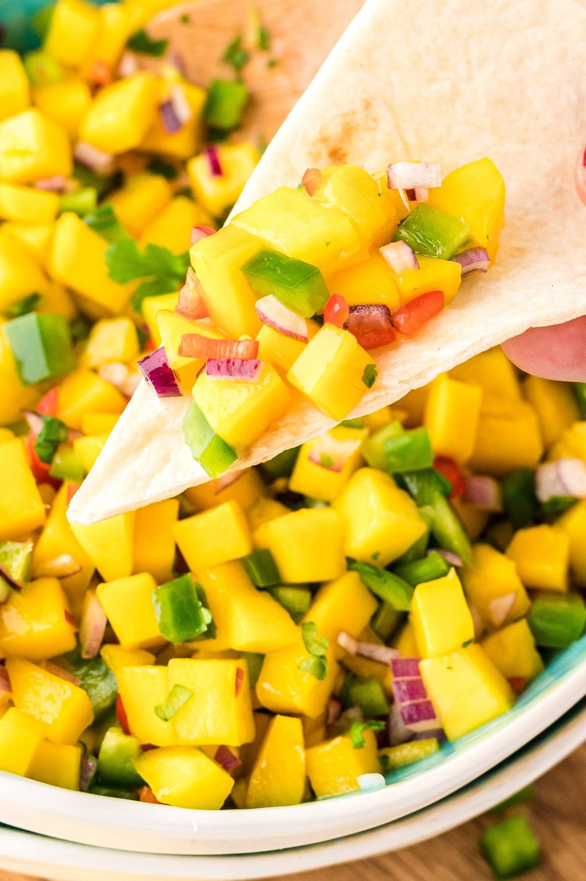 A tortilla chip scooping vibrant mango salsa made with fresh mangoes, diced red onion, jalapeño, and cilantro.