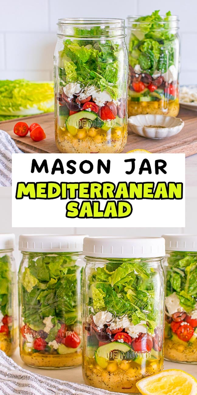 Enjoy a fresh Mason Jar Mediterranean Salad, with layers of crisp lettuce, juicy tomatoes, cheese, and cucumbers—all packed in convenient mason jars for on-the-go freshness.
