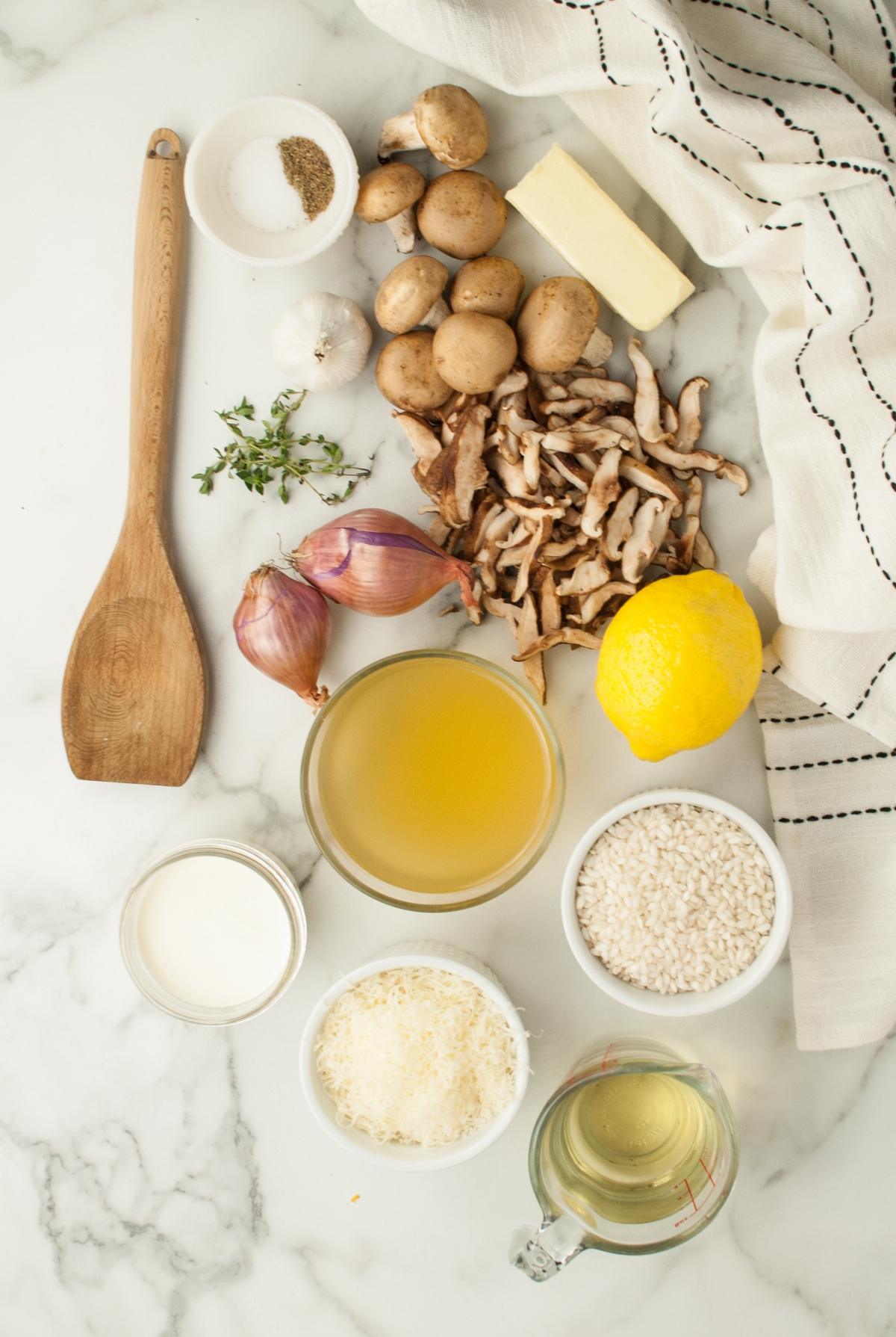 Mushroom risotto made with rice, broth, cheese, butter, cream, shallots, lemon, thyme, and a splash of white wine or Chardonnay is a perfect side dish for chicken or turkey.