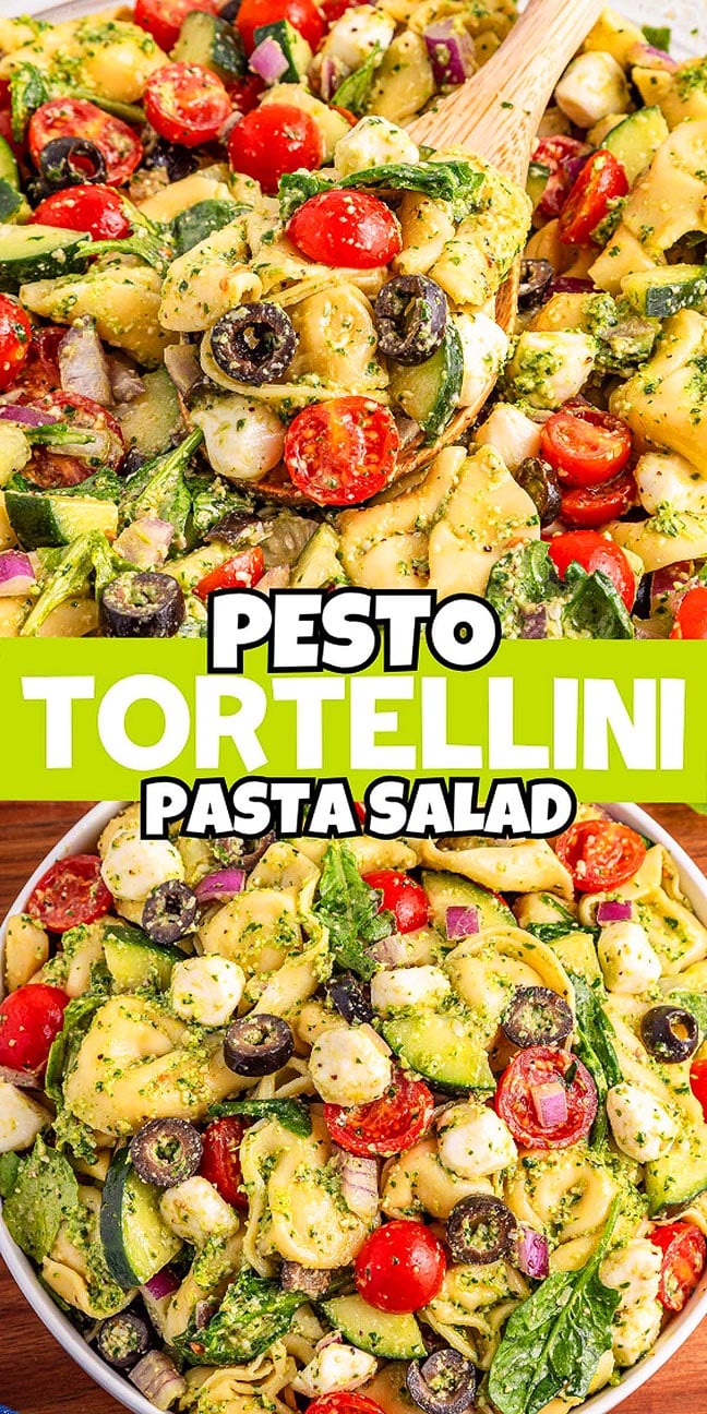Pesto tortellini pasta salad with tomatoes, olives, mozzarella, red onion, and fresh spinach is served in a rustic wooden bowl.