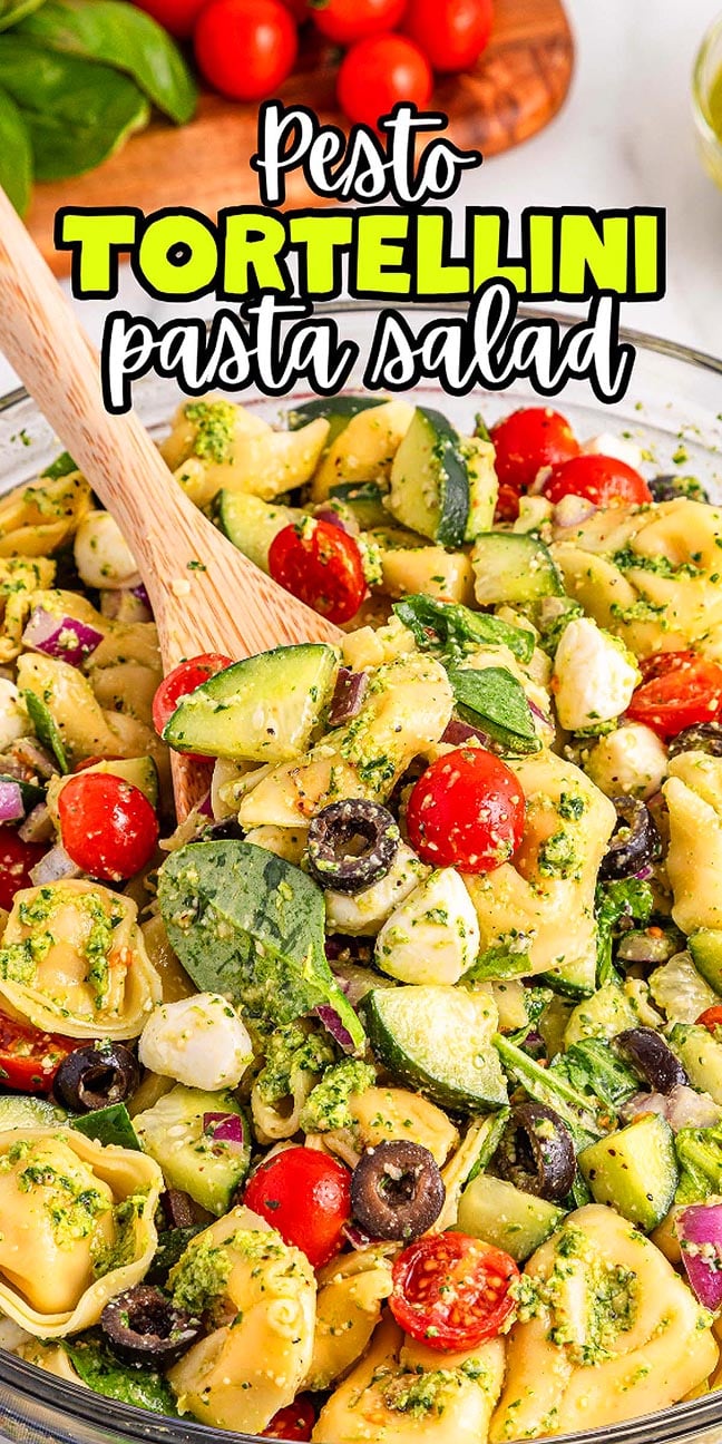 A vibrant bowl of pesto tortellini pasta salad brimming with juicy tomatoes, savory olives, creamy mozzarella, and fresh avocado.