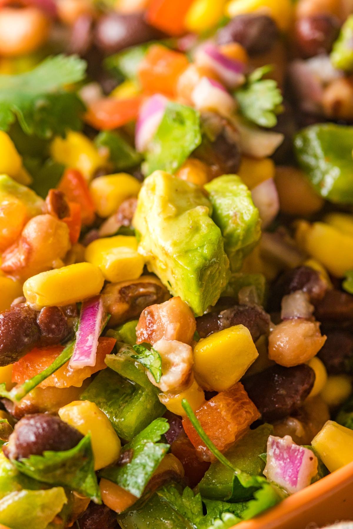 Close-up of a colorful bean salad with corn, avocado, red onion, cilantro, and diced tomatoes—a vibrant Texas Cowboy Caviar dip perfect as a colourful appetizer.