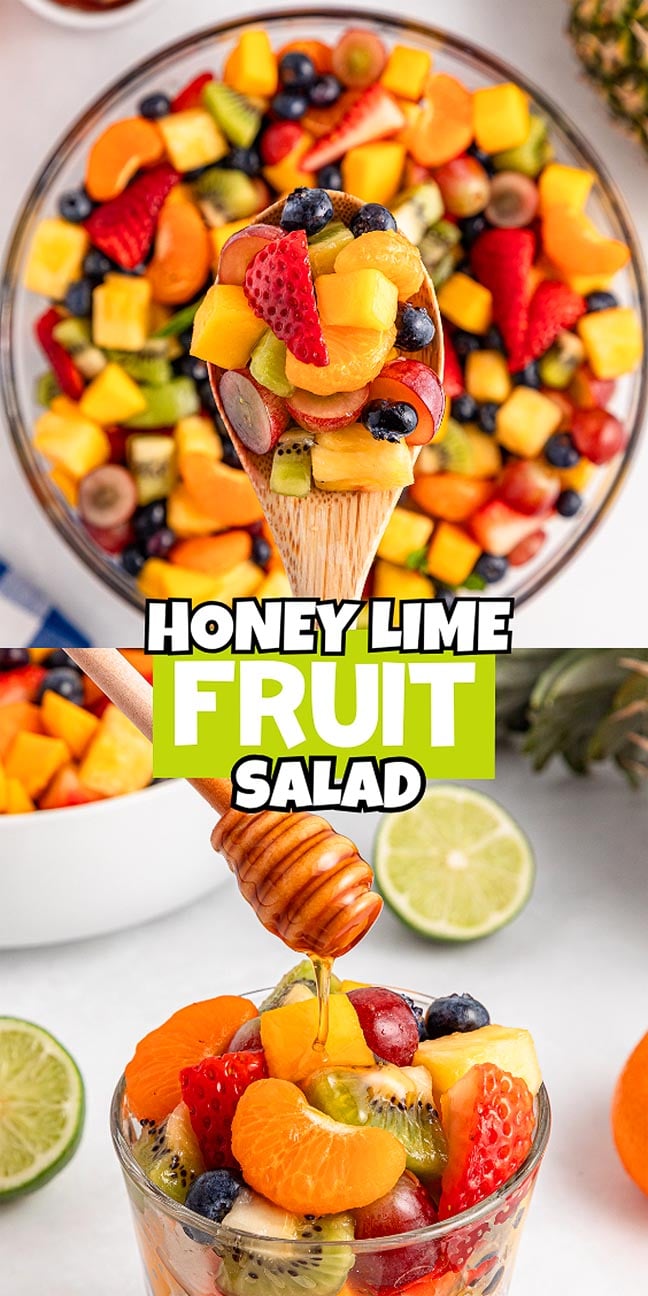 A wooden spoon holds colorful honey lime fruit salad; honey is drizzled over vibrant fruit in a glass. Text: Honey Lime Fruit Salad.