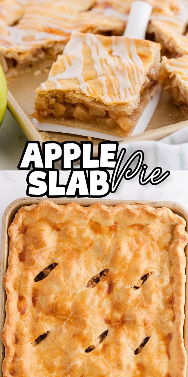 Two images of apple slab pie: one shows a sliced apple slab pie drizzled with icing, the other displays a whole pie with a golden, flaky crust and decorative slits on top.