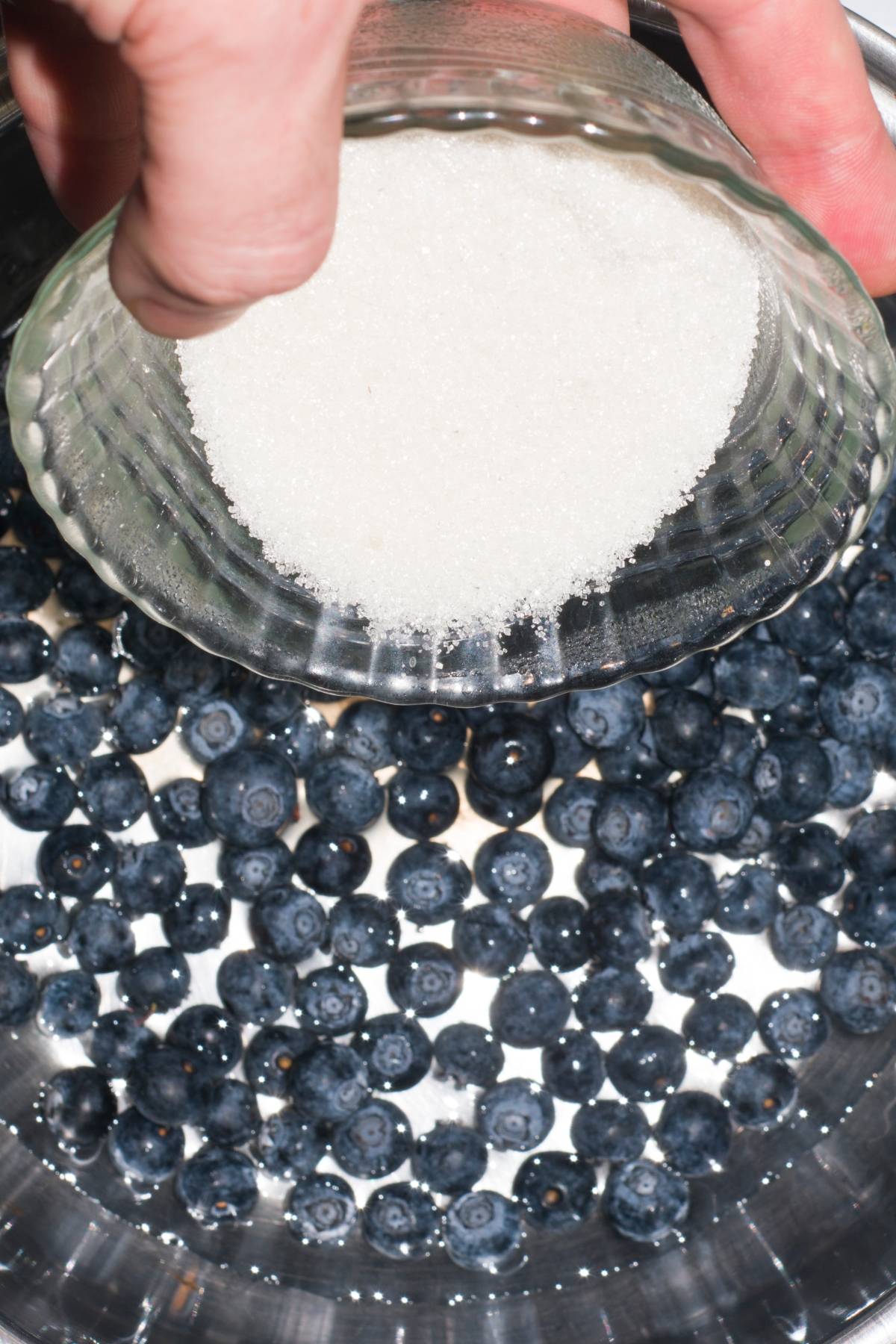 A hand pours granulated sugar from a glass bowl over fresh blueberries in a metal bowl—the first step in creating a delicious blueberry ice cream float.