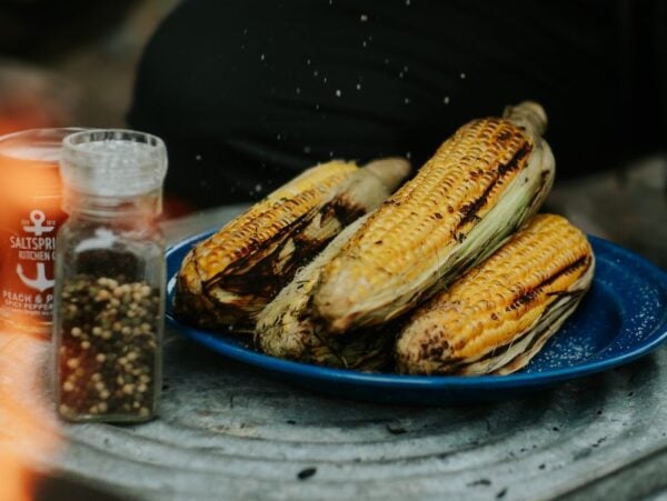 Three campfire grilled corn on the cob rest on a blue plate beside a spice jar and seasoning container.