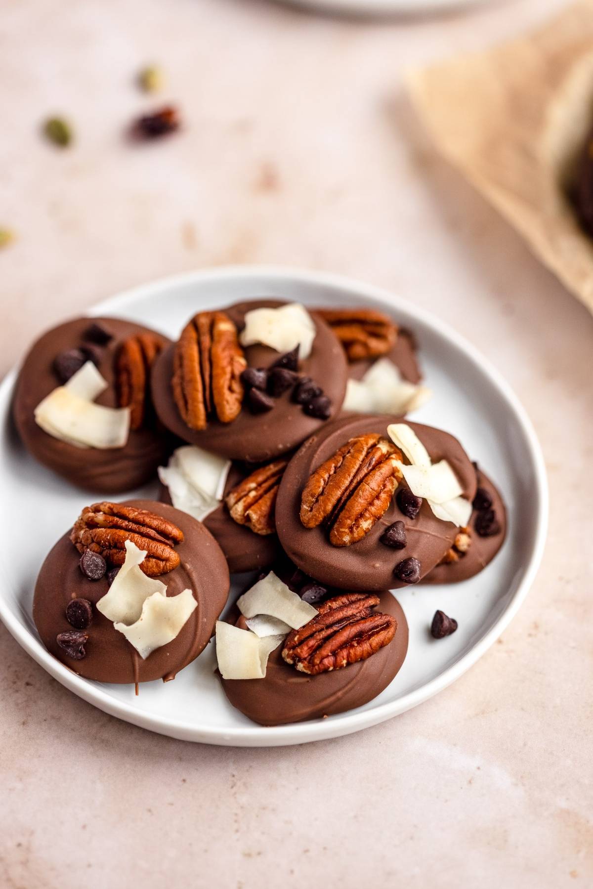 A plate of chocolate candies topped with pecans, coconut flakes, chocolate chips, and cranberry nut clusters on a light surface.