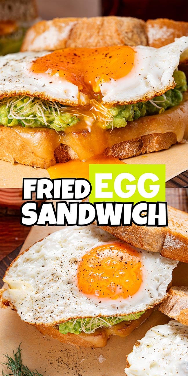 Enjoy a classic fried egg sandwich: two toasted breads layered with avocado, sprouts, and perfectly runny yolks, finished with a sprinkle of black pepper.