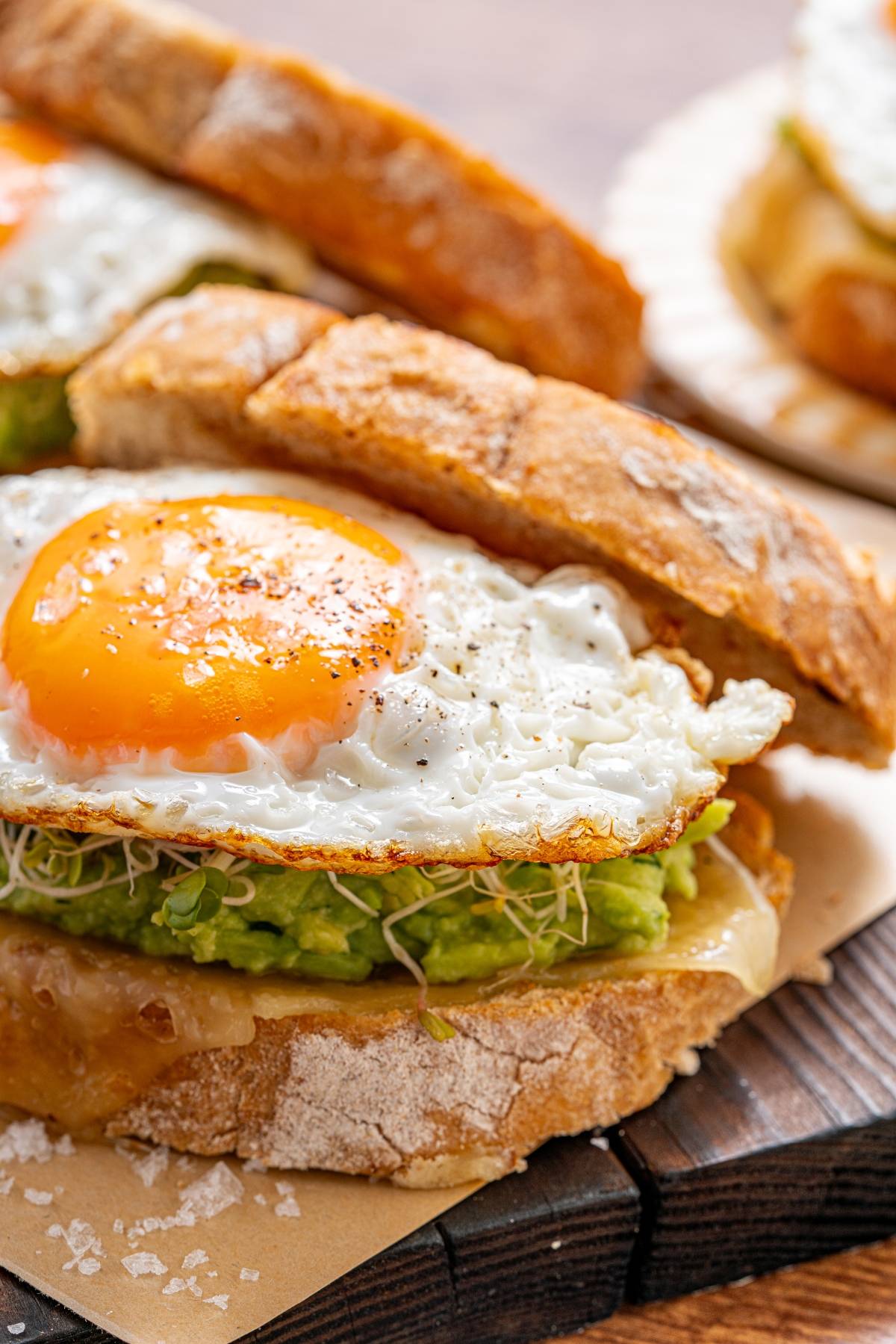 Close-up of a sandwich with avocado, alfalfa sprouts, melted cheese, and a sunny-side-up egg on rustic bread.