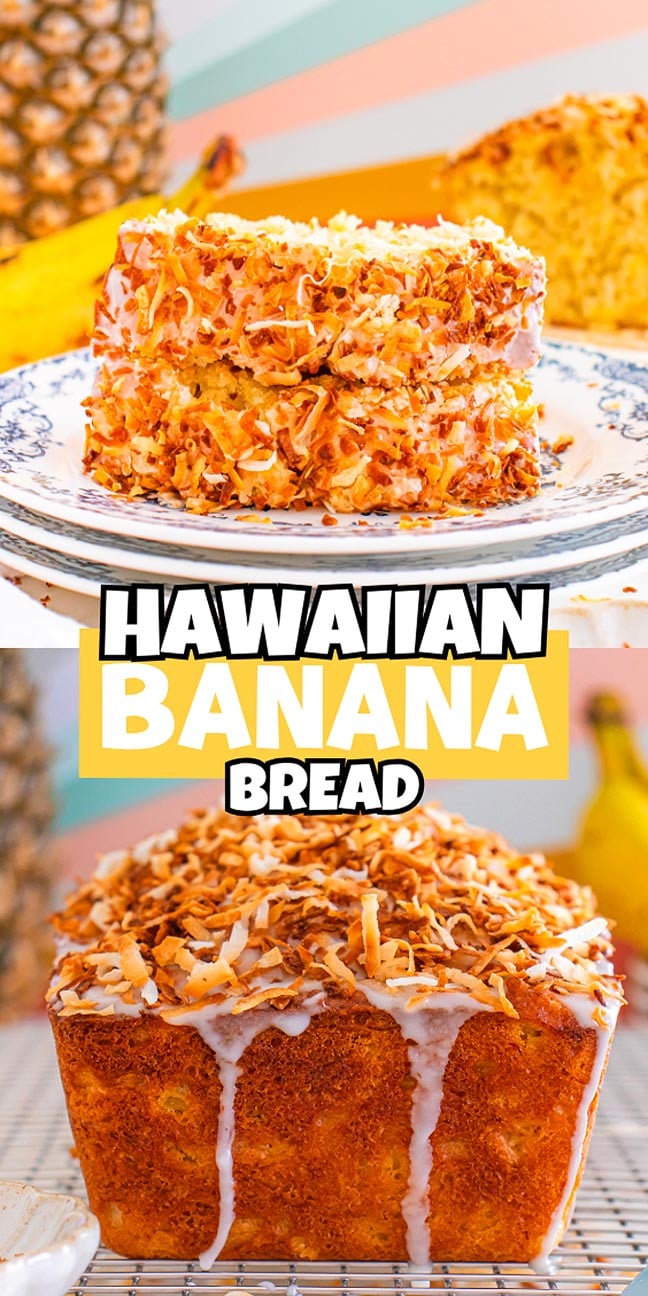 Two views of Hawaiian banana bread topped with toasted coconut and icing, featuring pineapple and banana in the background.
