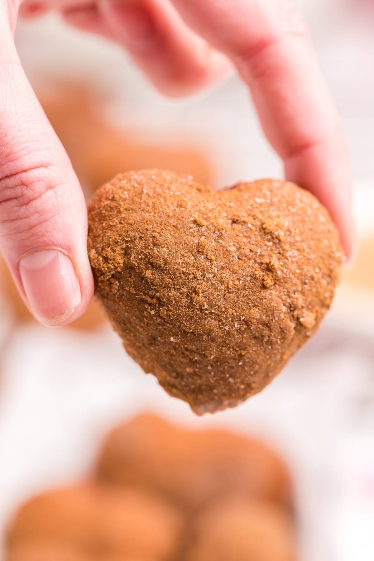 A hand holding a heart-shaped gingerbread cookie with a sugared surface, reminiscent of heart shaped doughnut holes.
