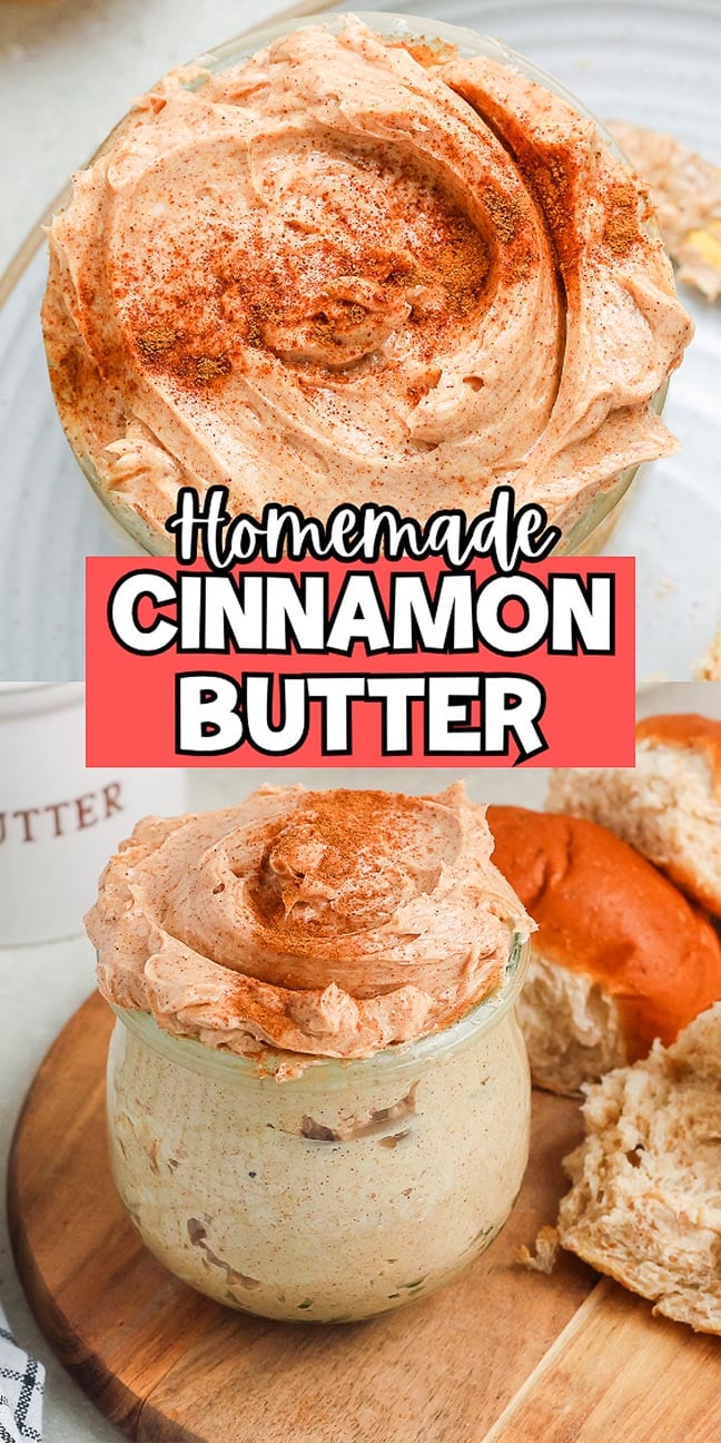Two jars of homemade cinnamon butter, topped with a sprinkle of cinnamon, sit on a wooden board with fresh bread rolls nearby.