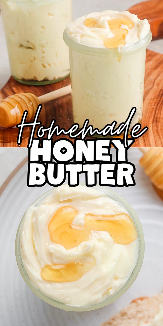 Glass jar of creamy homemade honey butter topped with honey, next to a honey dipper and bread slice.