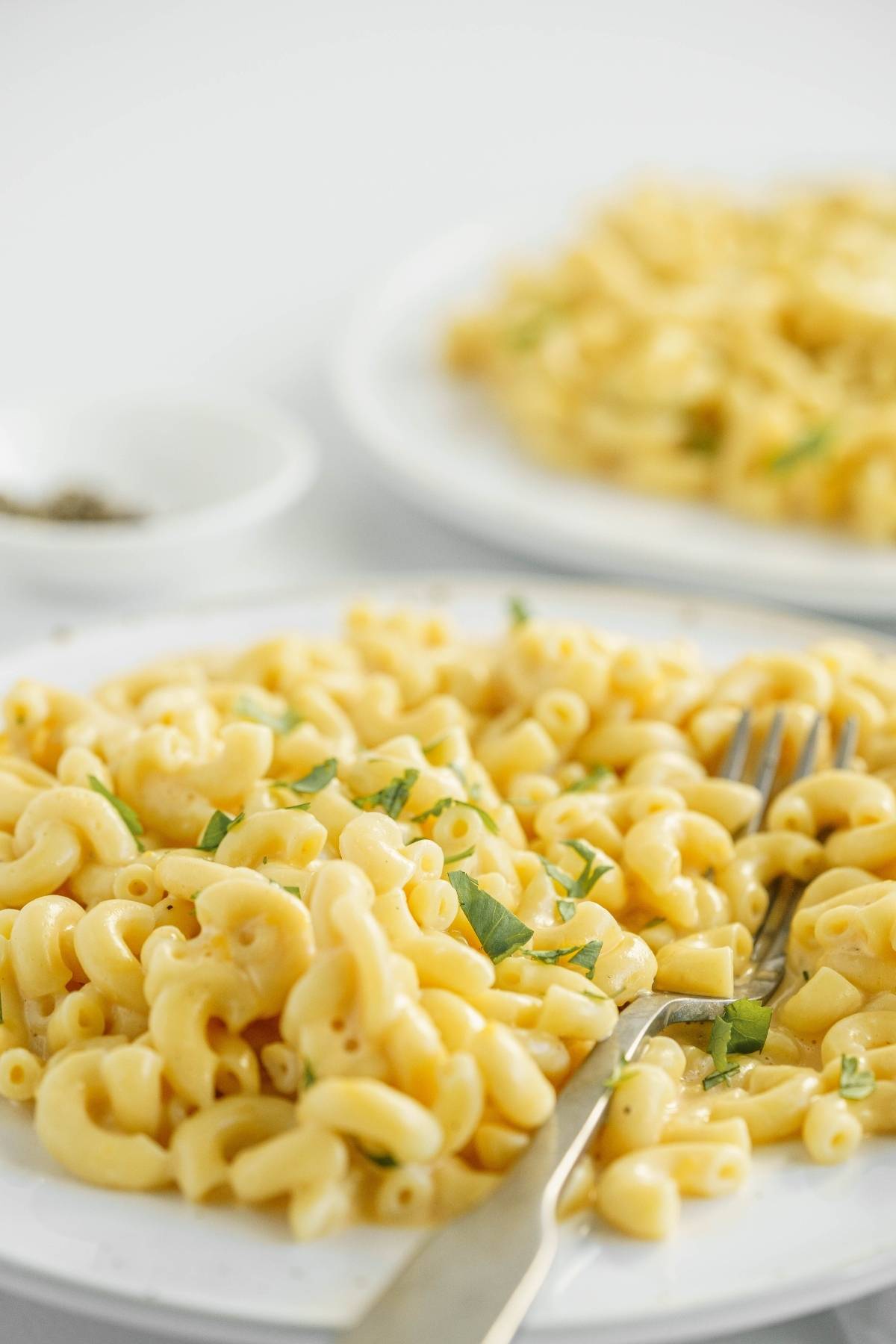 A plate of creamy mac and cheese garnished with herbs, with a fork resting on the plate—an inviting dish made from an easy instant pot pasta recipe.