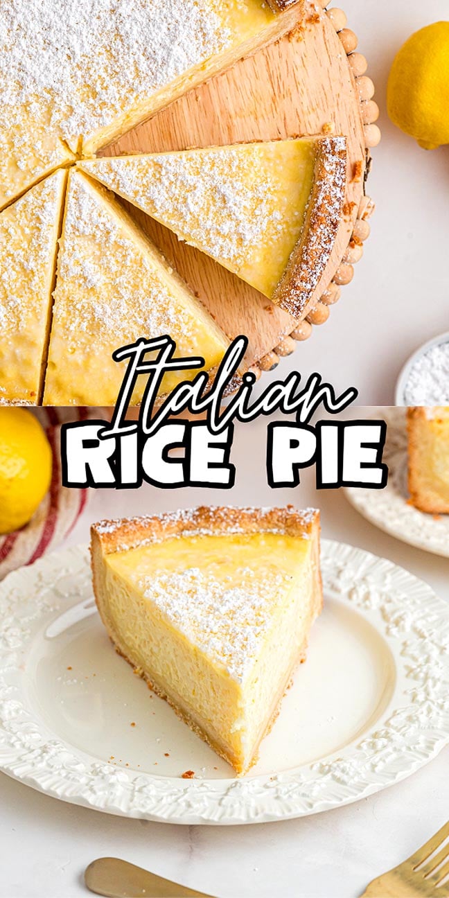A slice of Italian rice pie sits on a white plate, with the whole Italian rice pie and fresh lemons in the background.